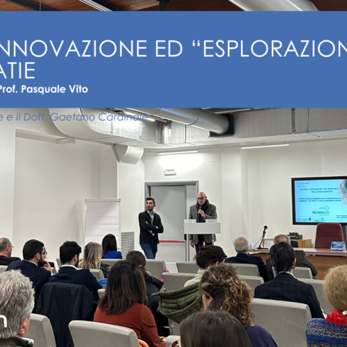 Prof. Pasquale Vito, Direttore Scientifico dell'evento, e Dott. Gaetano Cardinale, Responsabile del Team Ricerca & Sviluppo di Tecnobios, durante il meeting sulle analisi ultratecnologiche per la determinazione di sosanze nel viteo e retina.